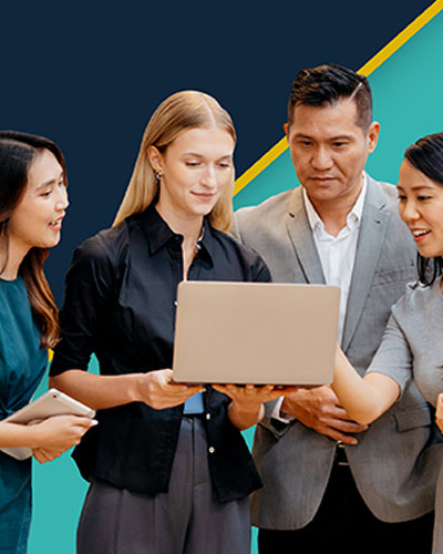 four people holding laptop and discussing things