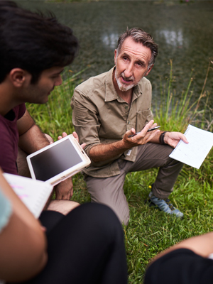 nottingham lecturer and student by the lake